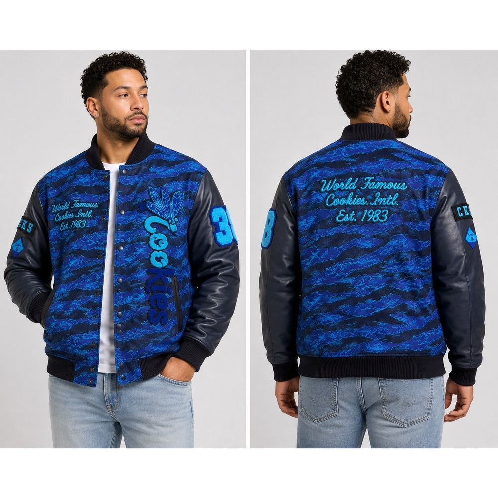 Cookies SF Mens Blue Tiger Camo Varsity Jacket Chenille Patch Letterman Medium